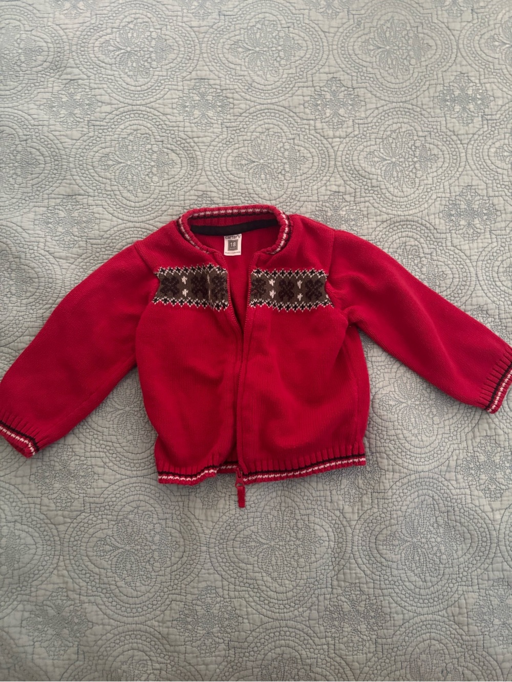 Carters Red Knit Baby Cardigan with Brown Fair Isle Detail
